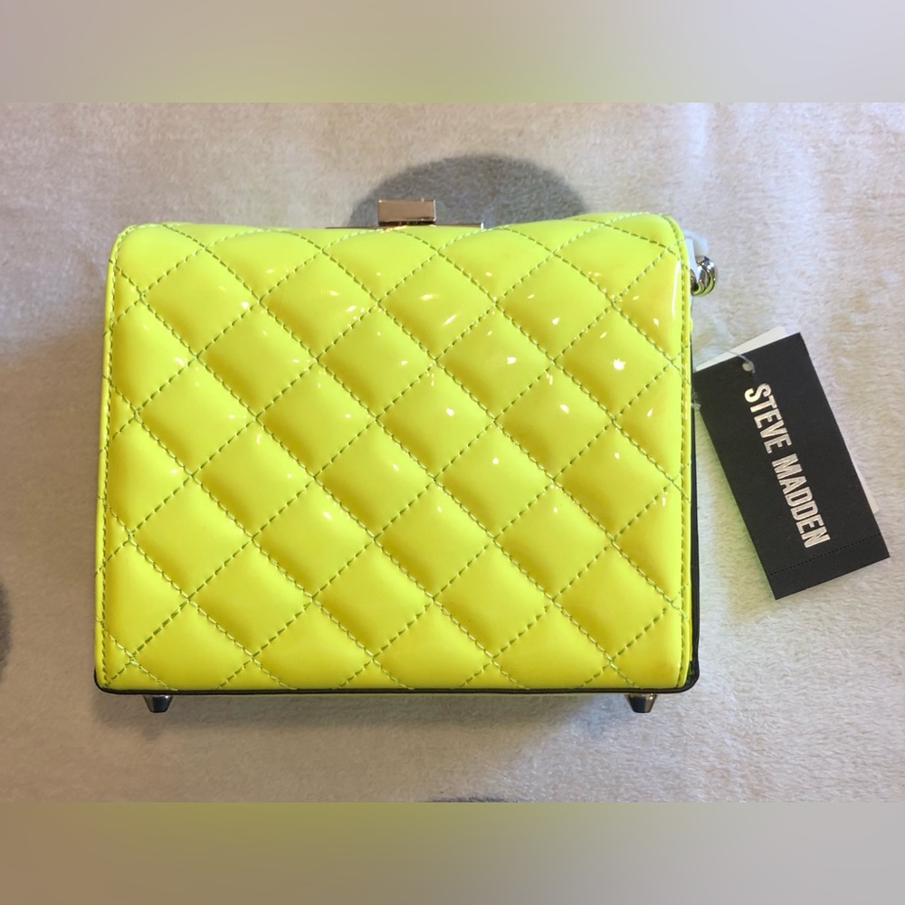 Steve Madden Neon Yellow BChrissy Quilted Patent Box Crossbody Bag Purse